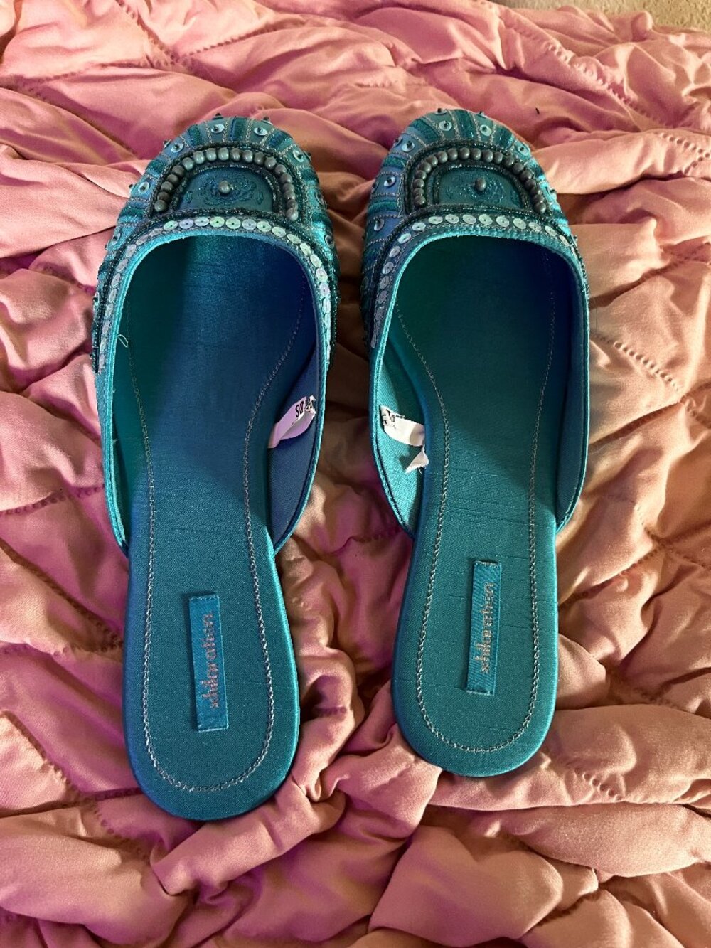 XHILERATION Womens 11 Teal Beaded Mule Flats Slip On Satin Sequin